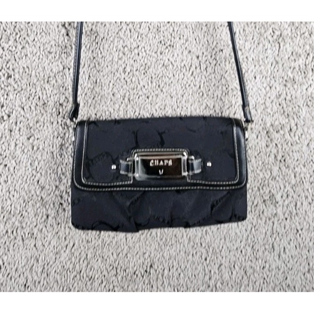 Chaps Crossbody Jacquard Black Logo Bag Purse Wallet Silver Tone Buckle‎